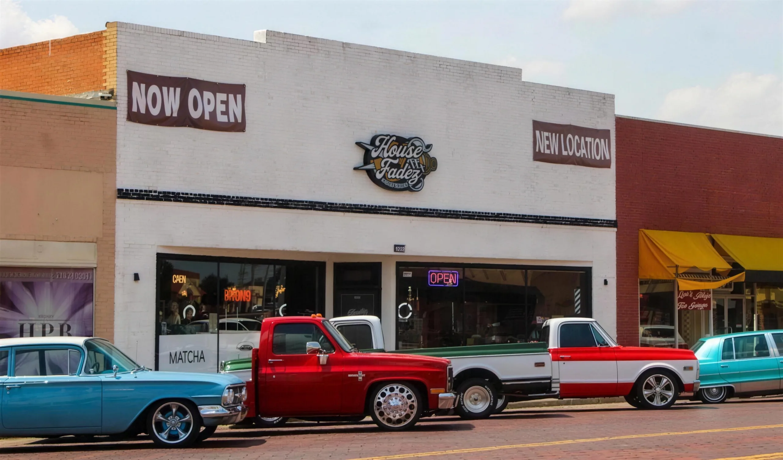 House of Fadez storefront on N Main St in downtown Clovis, classic cars parked out front